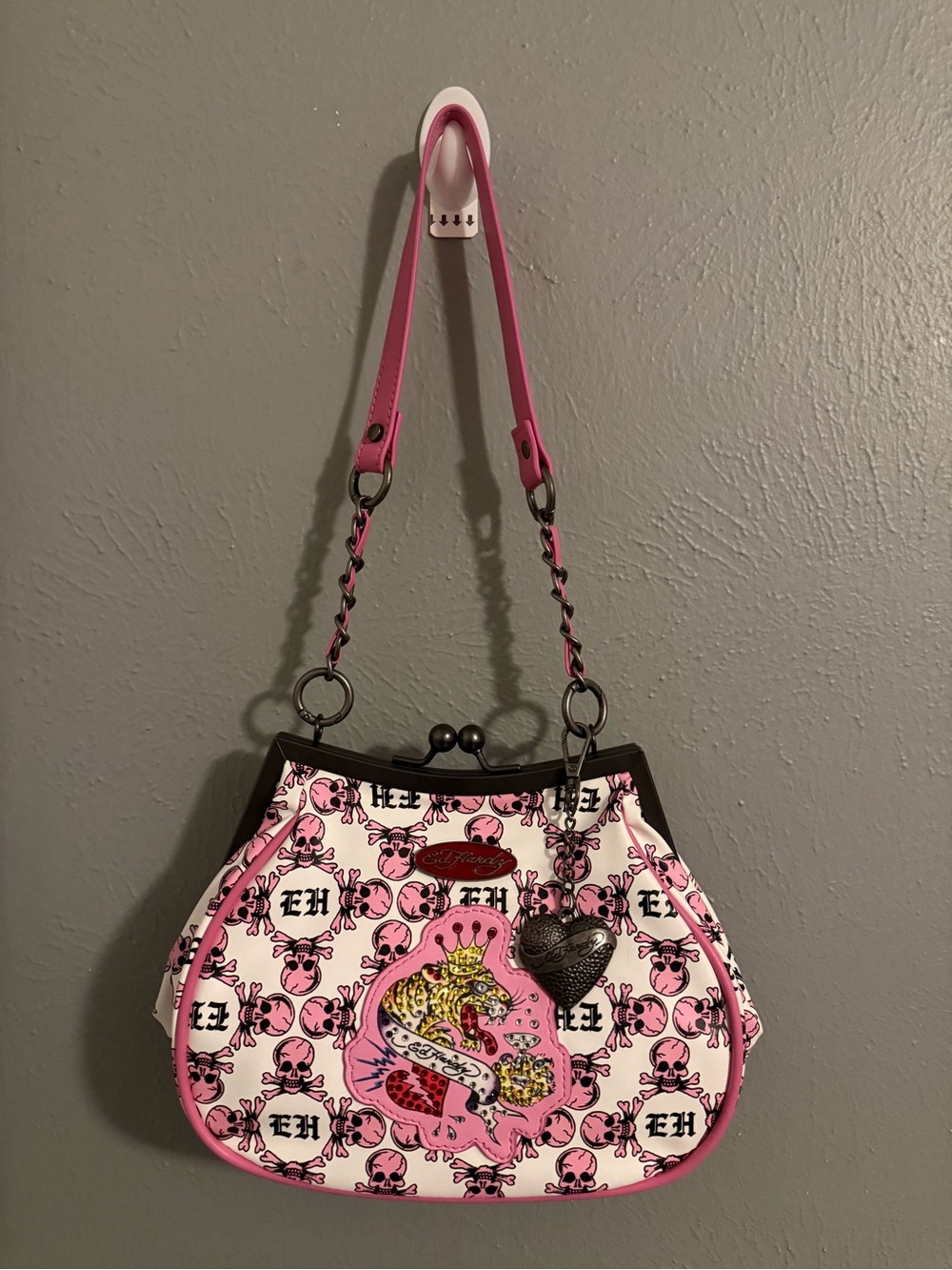 Ed Hardy Pink White Graphic Kiss-Lock Wristlet Shoulder Bag